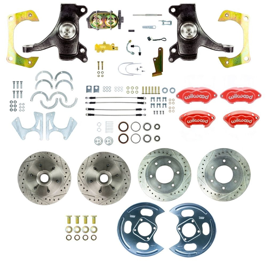 The Right Stuff 1963-70 GM Truck & Suburban, 2" Drop, Performance Series Manual 4-Wheel Disc Brake Kit, Red Wilwood Calipers, Drilled and Slotted Rotors, and Braided Stainless Hoses - (TSD6346DZP)