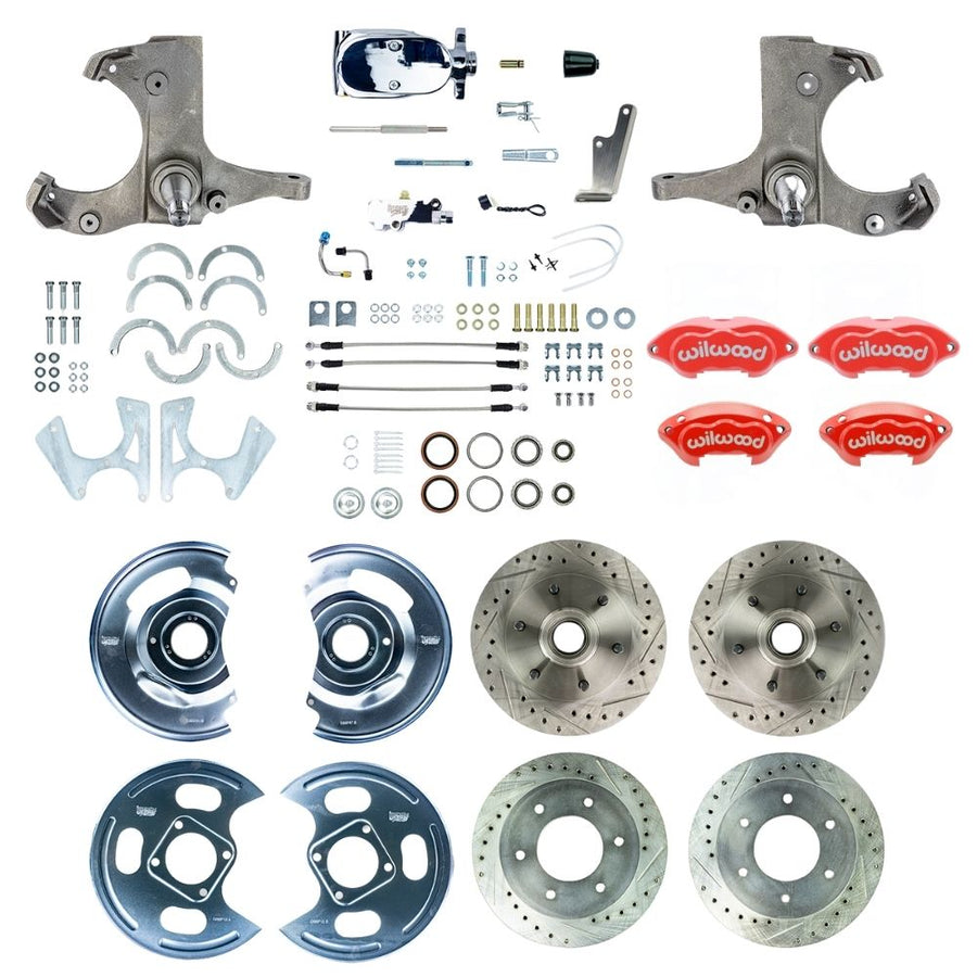 The Right Stuff 1963-70 Chevy/GMC Truck/Suburban, Performance Series Manual 4-Wheel Brake Kit, Red Wilwood Calipers, Drilled and Slotted Rotors, Braided Stainless Hoses, and Chrome Booster Master Assembly - (TSD6346ZXP)