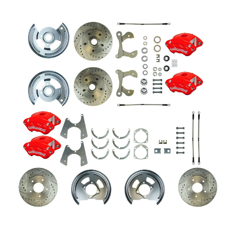 The Right Stuff 1955-1958 Chevrolet Bel Air/Impala, Performance Series 4 Wheel At-the-Wheel Disc Brake Conversion Kit, With Red Wilwood Calipers, Drilled and Slotted Rotors, and Braides Stainless Hoses - (FSC564WKCZ)