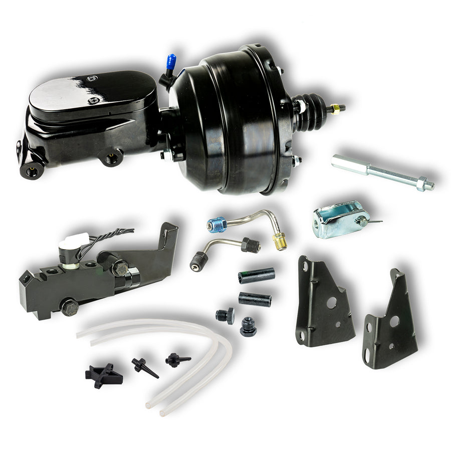 The Right Stuff 1964-72 GM A/F/X-Body Complete Black Upper Assembly with 8" Dual Booster, Master Cylinder and Proportioning Valve Combination Kit for Disc/Disc - (B81315672)
