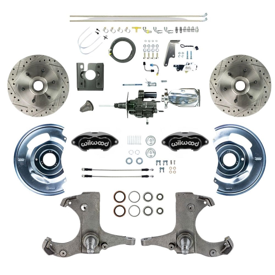 The Right Stuff 1967-70 Chevy C10/15 Truck/Suburban, Performance Hydraulic Brake Assist Front Disc Kit, Black Wilwood Calipers, Drilled and Slotted Rotors, Braided Stainless Hoses, and Chrome Upper Assembly - (THB6726BXP)