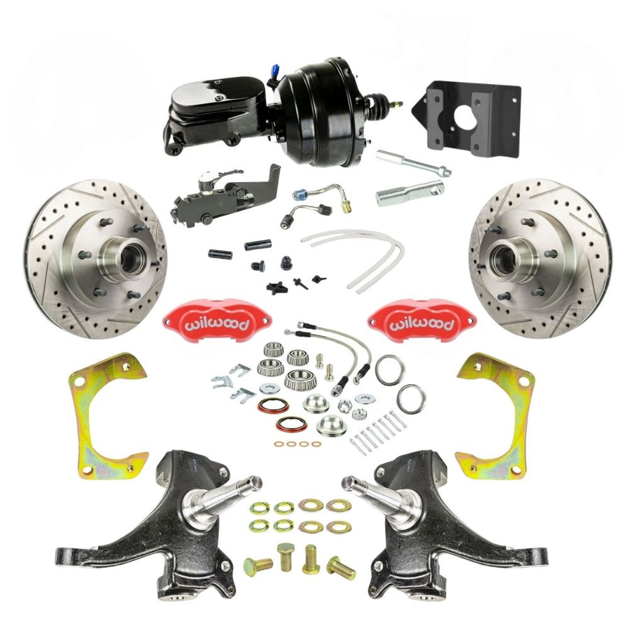 The Right Stuff 1960-62 Chevy/GMC Truck/Suburban 2" Drop, Performance Series Power Front Disc Brakes, Red Wilwood Calipers, Drilled and Slotted Rotors, Braided Stainless Hoses, and Black Booster Master Assembly 6x5.5 - (TDC6016DZYP)