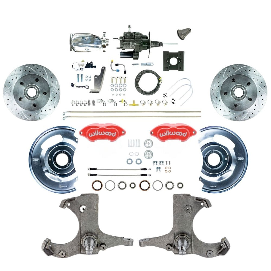 The Right Stuff 1963-66 Chevy/GMC Truck, Performance Series, Hydro Boost Disc Brake Conversion Kit, Red Wilwood Calipers, Drilled and Slotted Rotors, Braided Stainless Hoses, and Chrome Upper Assembly - (THB6325ZXP)