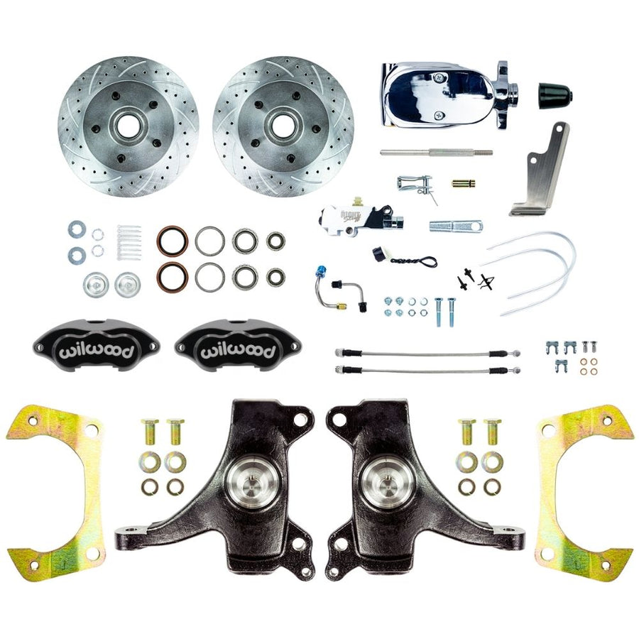 The Right Stuff 1963-70 Chevy/GMC Truck/Suburban, 2" Drop Manual Front Disc Brake Kit with Black Wilwood Calipers, Drilled and Slotted Rotors, Braided Stainless Hoses, and Chrome Upper, 5 Lug - (TSD6315DBXP)