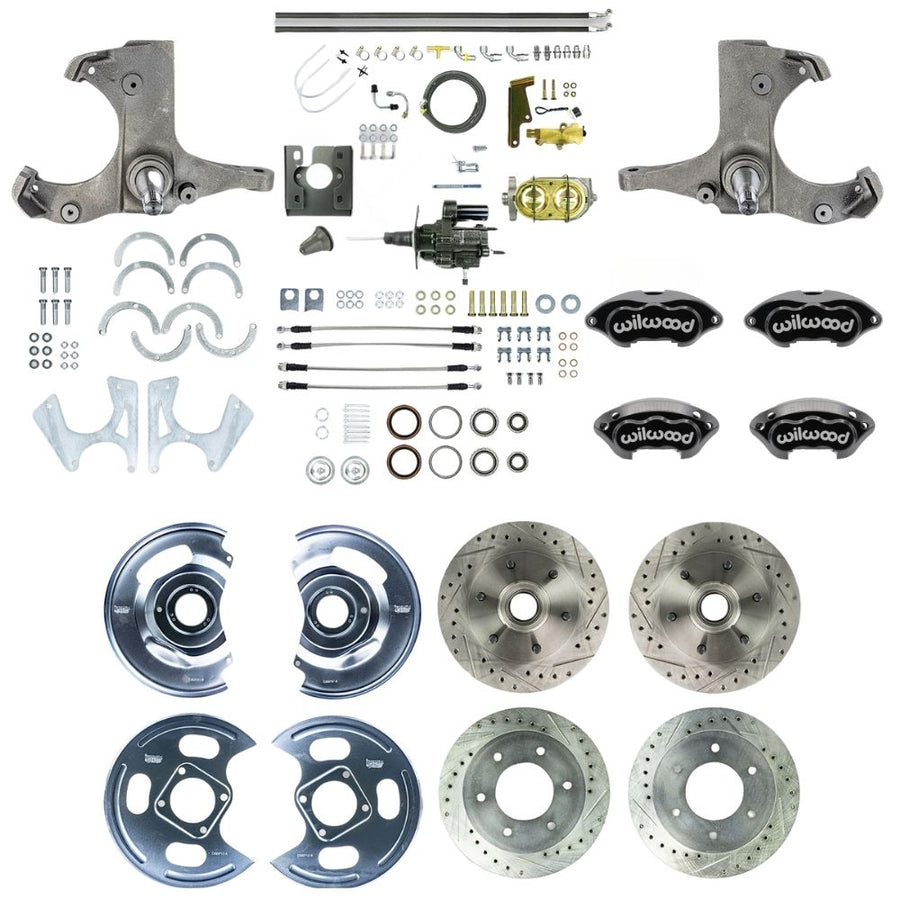 The Right Stuff 1967-70 GM/Chevy C10/C15 Truck/Suburban W/2WD, Performance Series Hydraulic Brake Assist 4-Wheel Disc Brake Kit, Black Wilwood Caliper, Drilled and Slotted Rotors, and Braided Stainless Hoses 6x5.5 - (THB6756BP)