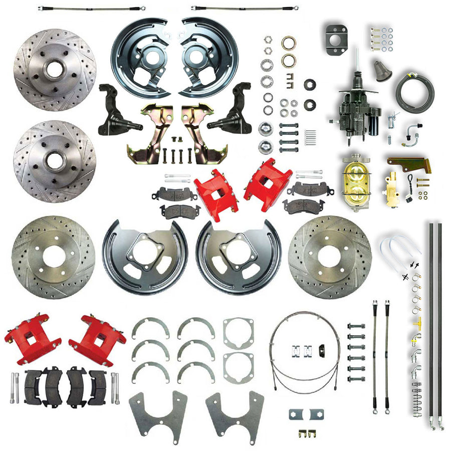 The Right Stuff 67-69 GM F-Body, Non-Staggered, Hydraulic Brake Assist 4 Wheel Disc Conversion Red Calipers - (AFXHB25CZ)