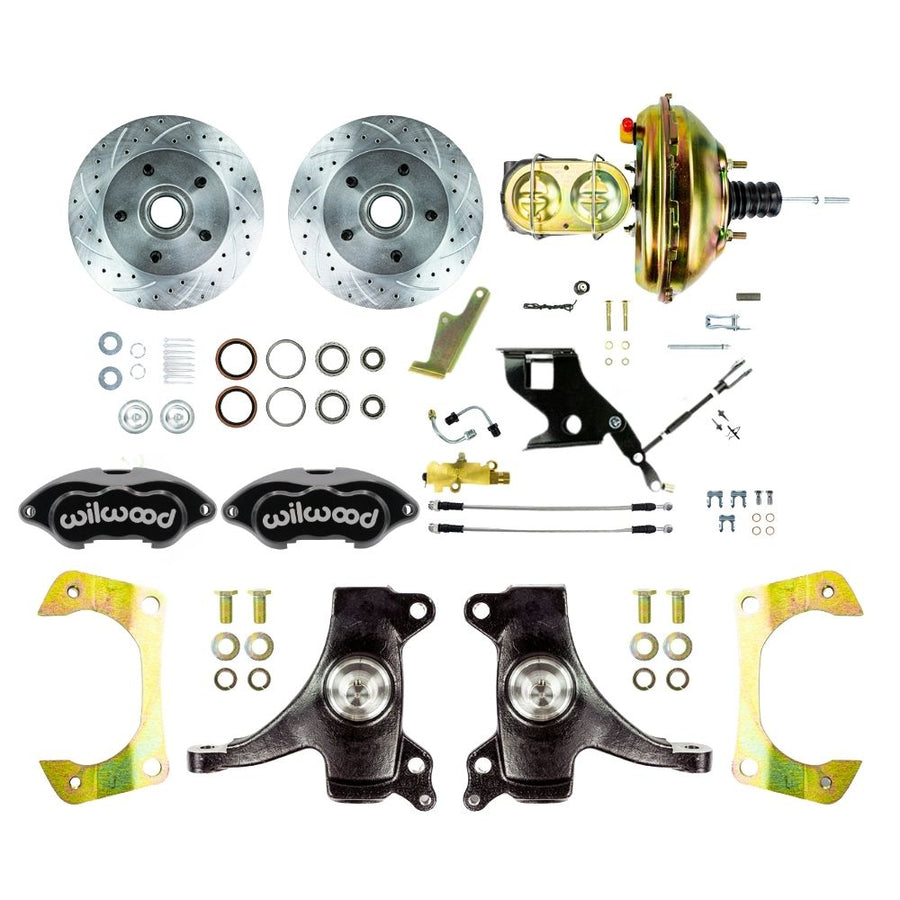 The Right Stuff 1967-70 Chevy C10/15 Truck/Sub, 2" Drop, Power Performance Series Front Disc Brake Kit, Black Wilwood Calipers, Drilled and Slotted Rotors, and Braided Stainless Hoses 5x5 Bolt Pattern - (TDC6725DBP)