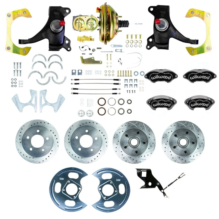 The Right Stuff 1971-72 GM C10/15 Truck/Suburban 2" Drop Performance Series Power 4-Wheel Disc Kit Black Wilwood Calipers, Drilled and Slotted Rotors, and Braided Stainless Hoses - (TDC7155DBP)