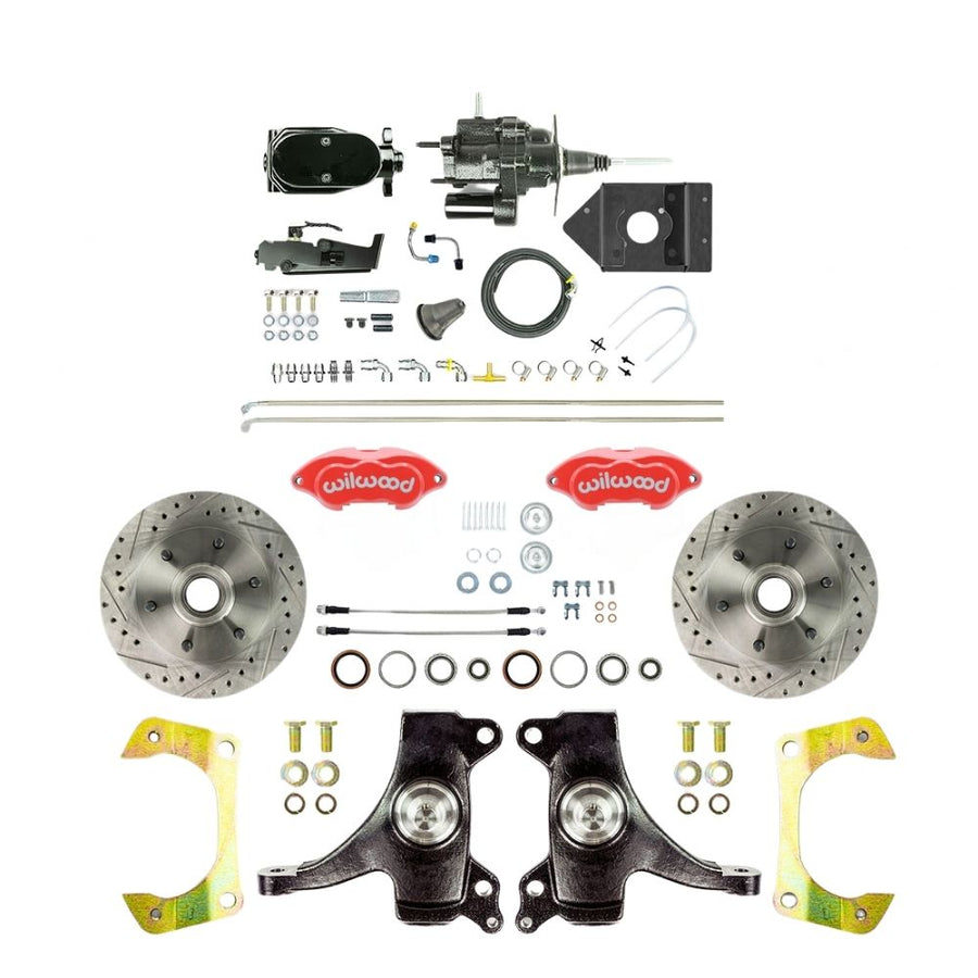 The Right Stuff 1960-62 Chevy/GMC Truck/Suburban 2" Drop, Performance Series Hydraulic Brake Assist Front Disc Brakes, Red Wilwood Calipers, Drilled and Slotted Rotors, Stainless Hoses, Black Upper Assembly - (THB6016DZYP)