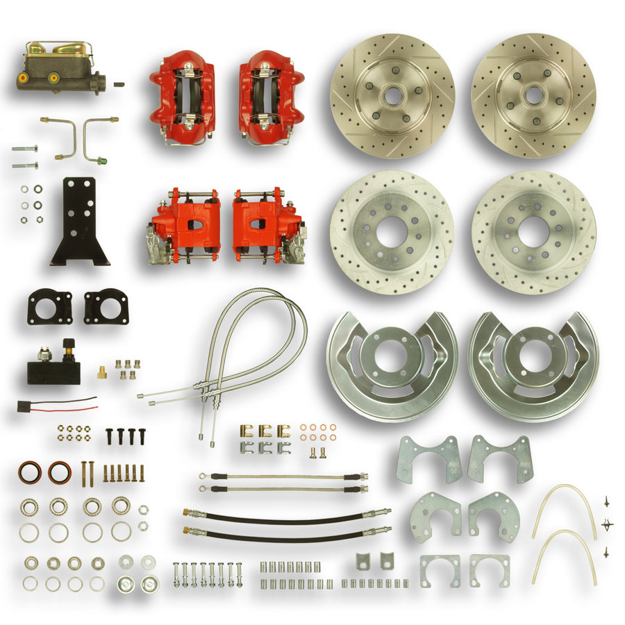 The Right Stuff 1964-66 Ford Manual 4 Wheel Disc Conv. Large Ford 9" Rear End, Drilled/Slotted Rotors, Red Powder Coated Calipers - (ZSD6445Z)