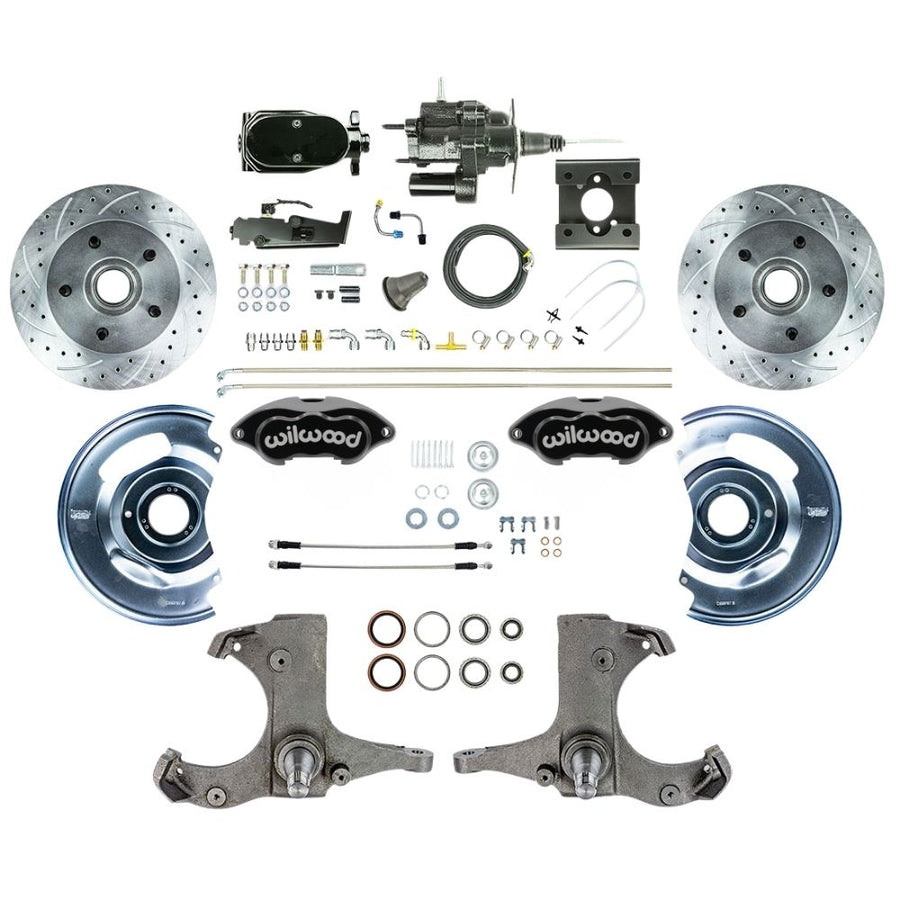 The Right Stuff 1963-66 GM Truck/Sub Performance Series Black Hydraulic Brake Assist Front Disc Brake Conversion with Black Wilwood Calipers, Drilled and Slotted Rotors, Stainless Hoses, Black Upper Assembly - (THB6325BYP)