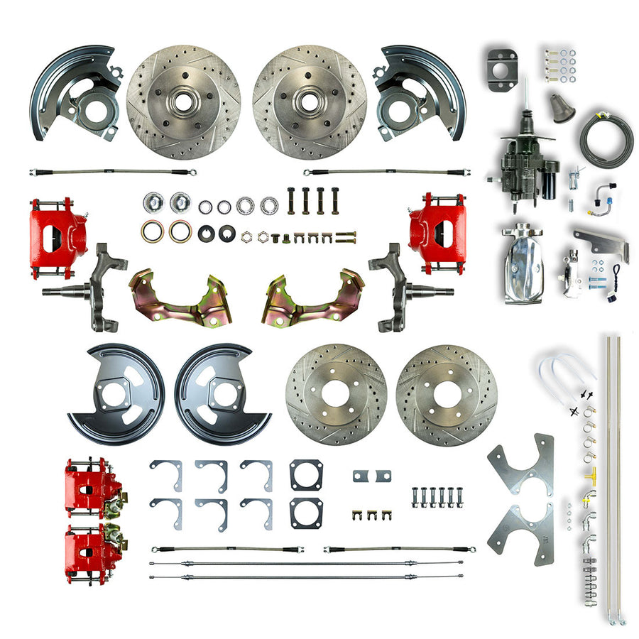 The Right Stuff 67-69 F-Body Non-Stag 4 Wheel Chrome Hydraulic Brake Assist 2"Drop Disc Brakes Red Calipers - (AFXHB42DZX)