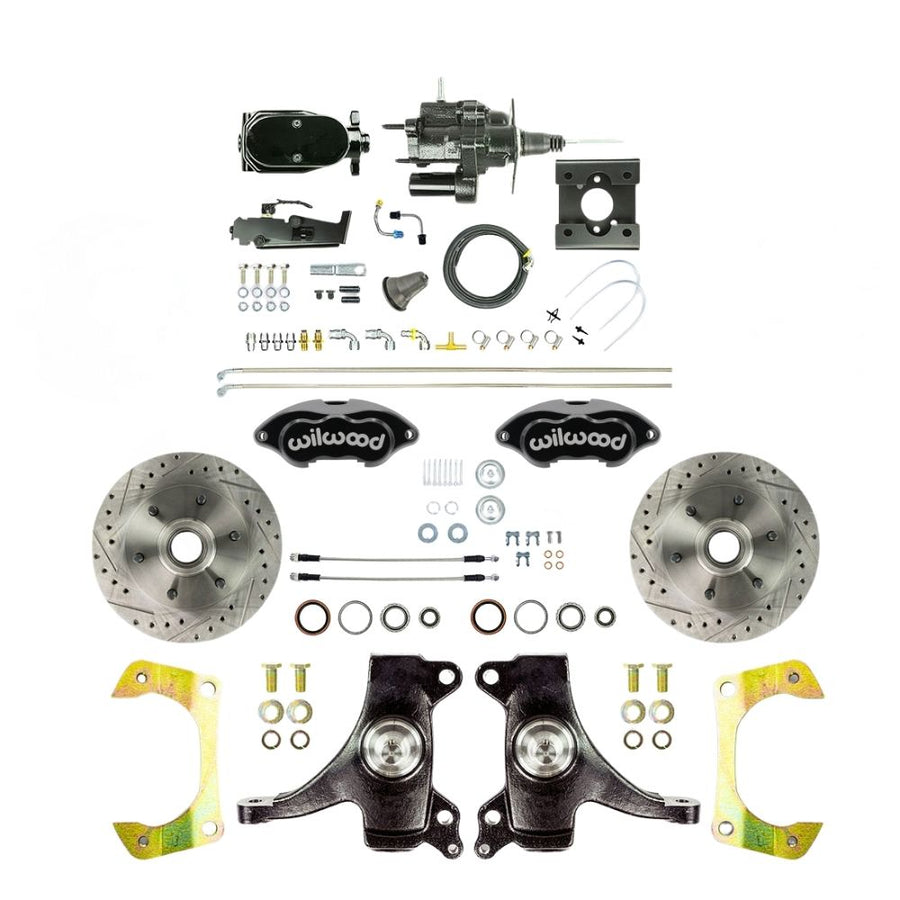 The Right Stuff 1963-66 GM Truck/Sub, Performance Series 2" Drop Black Hydraulic Brake Assist Front Disc Brake Conv, Black Wilwood Calipers, Drilled and Slotted Rotors, Stainless Hoses, Black Upper Assembly - (THB6326DBYP)