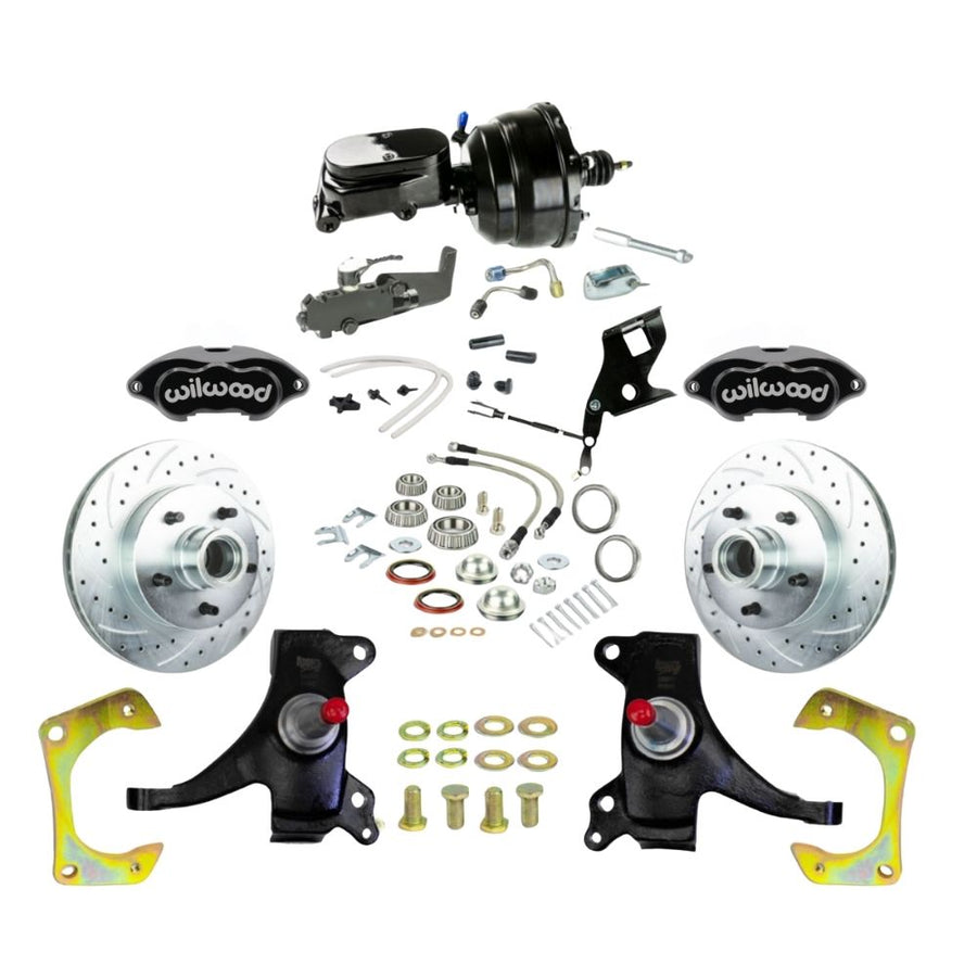 The Right Stuff 1971-72 GM C10/15 Truck/Suburban, 2" Drop Performance Series Power Front Disc Brake Kit with Black Wilwood Calipers, Drilled and Slotted Rotors, Braided Stainless Hoses, Black Booster Master Assembly - (TDC7125DBYP)