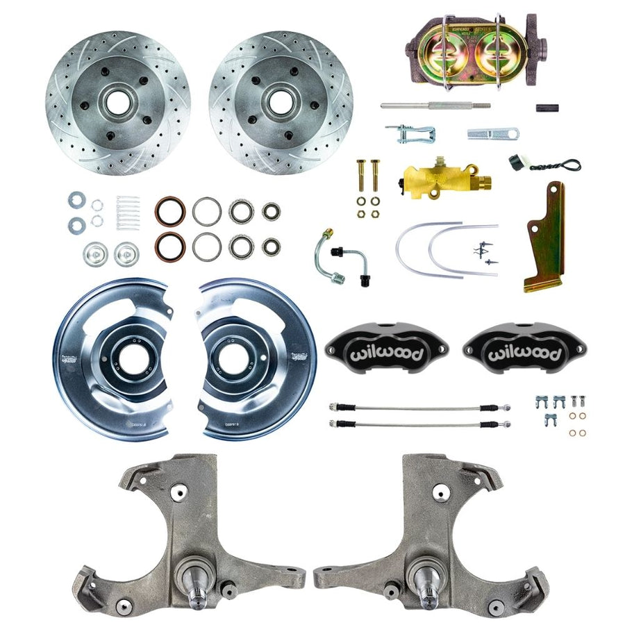 The Right Stuff 1963-70 Chevy/GMC Truck/Suburban, Drop Manual Front Disc Brake Kit with Black Wilwood Calipers, Drilled and Slotted Rotors, and Braided Stainless Hoses, 5 Lug - (TSD6315BP)