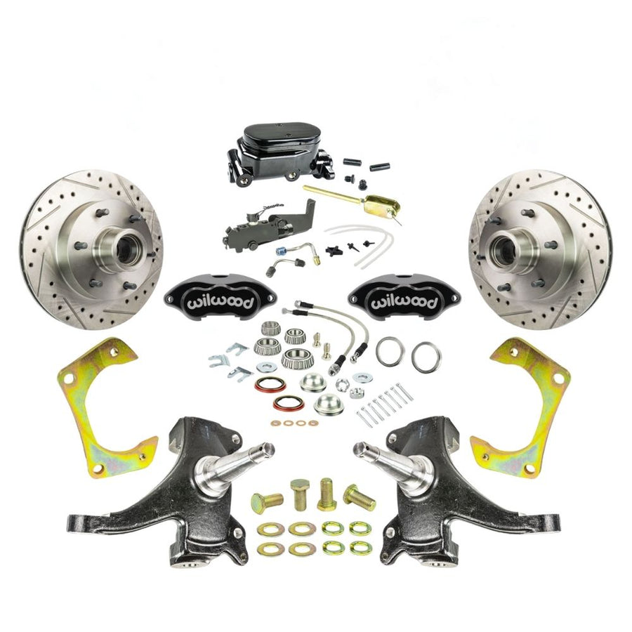 The Right Stuff 1963-70 Chevy/GMC Truck/Suburban, 2" Drop Manual Front Disc Brake Kit with Black Wilwood Calipers, Drilled and Slotted Rotors, Braided Stainless Hoses, and Black Booster Master Assembly, 6 Lug - (TSD6316DBYP)