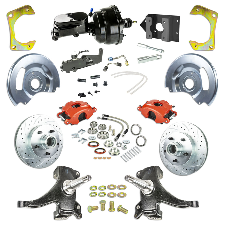 The Right Stuff 60-62 Chevy/GMC Truck/Sub 2" Drop, Power Front Disc Kit Red Calipers Black Upper 5x5 Bolt Pattern - (TDC6015DZY)