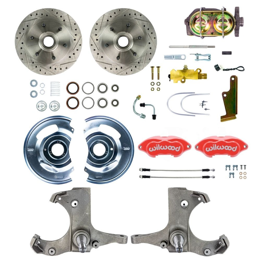 The Right Stuff 1963-70 Chevy/GMC Truck/Suburban, Drop Manual Front Disc Brake Kit with Red Wilwood Calipers, Drilled and Slotted Rotors, and Braided Stainless Hoses, 6 Lug - (TSD6316ZP)