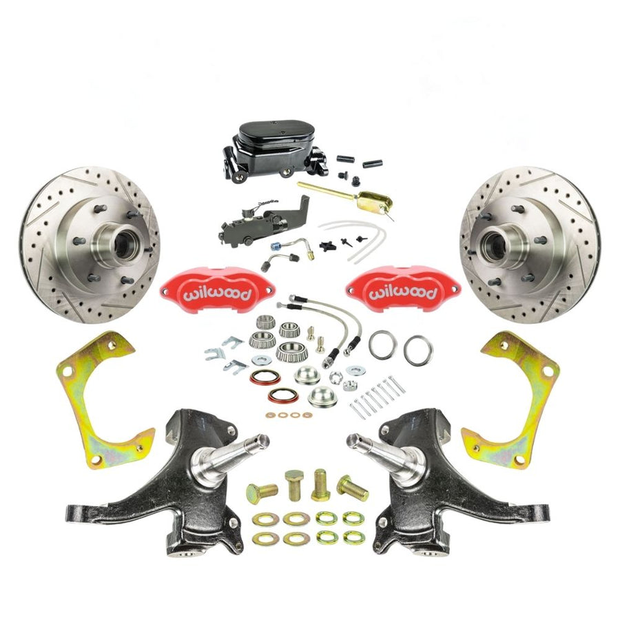 The Right Stuff 1963-70 Chevy/GMC Truck/Suburban, 2" Drop Manual Front Disc Brake Kit with Red Wilwood Calipers, Drilled and Slotted Rotors, Braided Stainless Hoses, and Black Booster master Assembly, 6 Lug - (TSD6316DZYP)