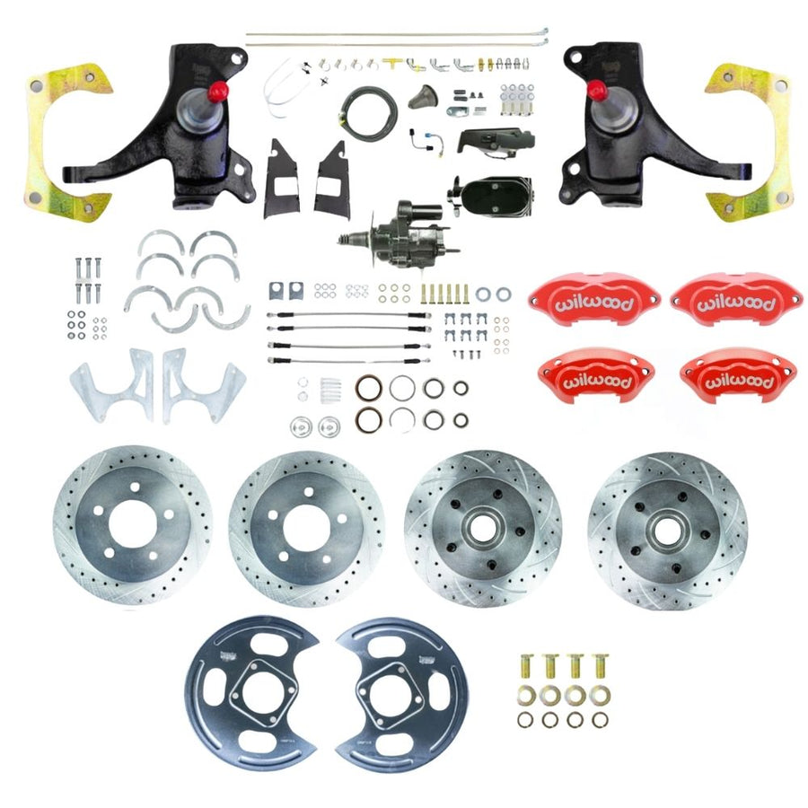 The Right Stuff 1973-87 GM C10/C15 Truck/Suburban 2WD 2" Drop Performance Series Hydraulic Brake Assist 4-Wheel Disc Brake Kit, Red Wilwood Calipers, Drilled and Slotted Rotors, Stainless Hoses, Black Upper Assembly - (THB7355DZYP)