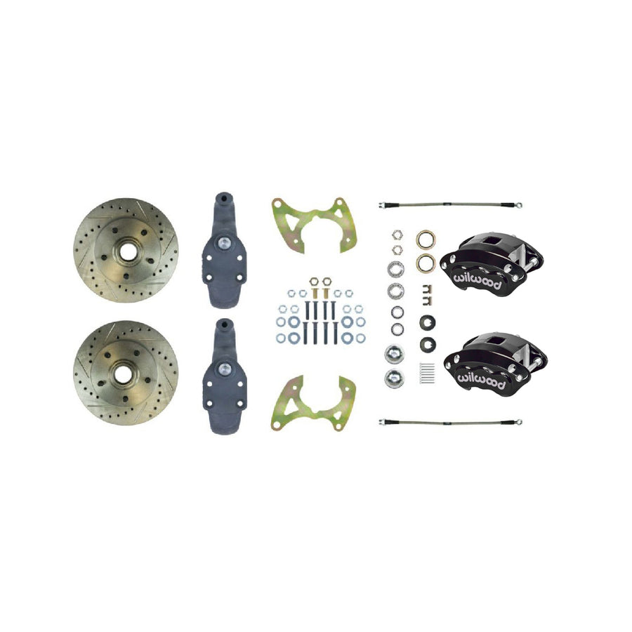 The Right Stuff 1965-70 Chevrolet Impala, 2" Drop, Performance Series Front At-the-Wheel Disc Brake Conversion Kit, with Black Wilwood Calipers, Drilled and Slotted Rotors, and Braided Stainless Hoses - (FSC66WKDS)