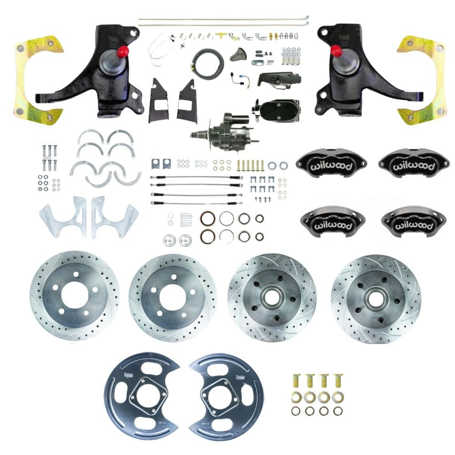 The Right Stuff 1973-87 GM C10/C15 Truck/Sub 2WD 2" Drop Performance Series Hydraulic Brake Assist 4-Wheel Disc Brake Kit, Black Wilwood Calipers, Drilled and Slotted Rotors, Stainless Hoses, Black Upper Assembly - (THB7355DBYP)