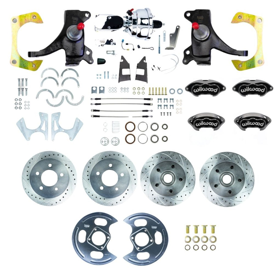 The Right Stuff 1973-87 GM C10/C15 Truck/Suburban 2WD 2" Drop Performance Series Power 4-Wheel Disc Brake Kit with Black Wilwood Calipers, Drilled and Slotted Rotors, Braided Stainless Hoses and Chrome Upper Assembly - (TDC7355DBXP)