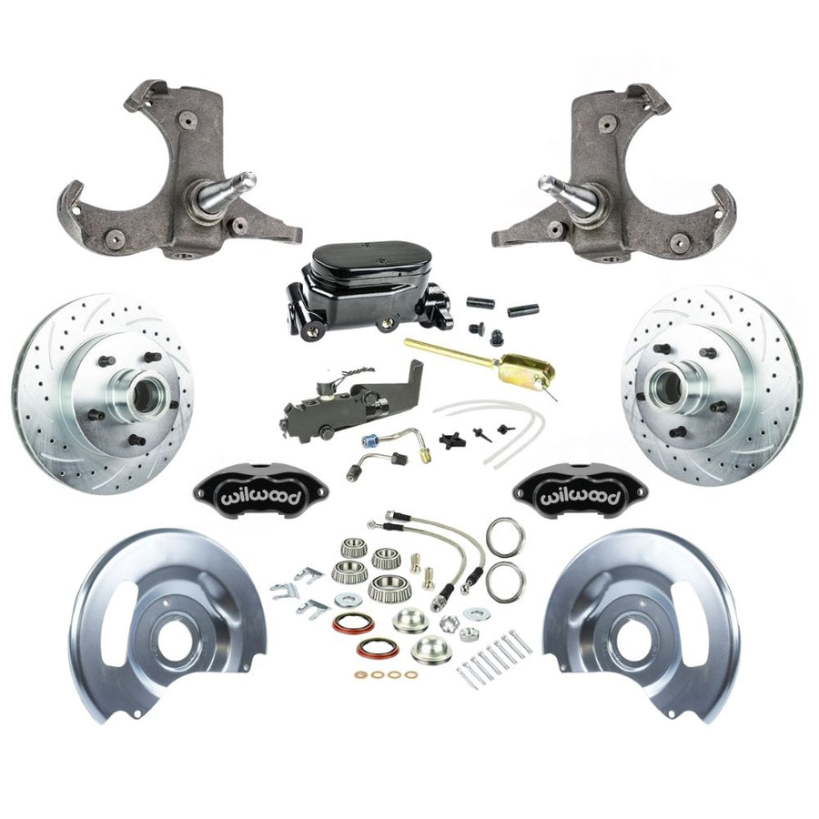 The Right Stuff 1960-62 Chevy/GMC Performance Series, Standard Front Disc Brake Conversion Kit, Black Wilwood Calipers, Drilled and Slotted Rotors, Braided Stainless Hoses, and Chrome Booster Master Assembly - (TSD6015BYP)