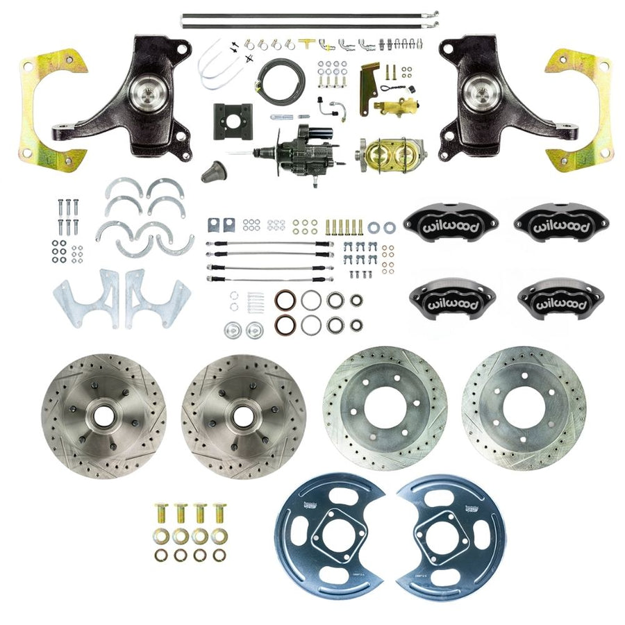 The Right Stuff 1963-66 GM/Chevy C10/C15 Truck/Suburban 2" Drop, Performance Series Hydraulic Brake Assist 4-Wheel Disc Kit, Black Wilwood Calipers, Drilled and Slotted Rotors, and Braided Stainless Hoses 6x5.5 - (THB6356DBP)