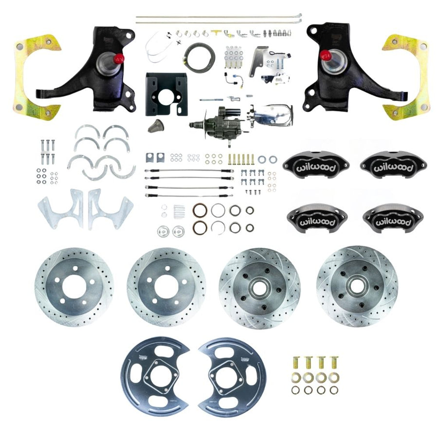 The Right Stuff 1971-72 C10/15 Truck/Suburban 2" Drop Chrome Hydraulic Brake Assist 4-Wheel Disc Brake Kit with Black Wilwood Calipers, Drilled and Slotted Rotors, Braided Stainless Hoses, and Chrome Upper Assembly - (THB7155DBXP)