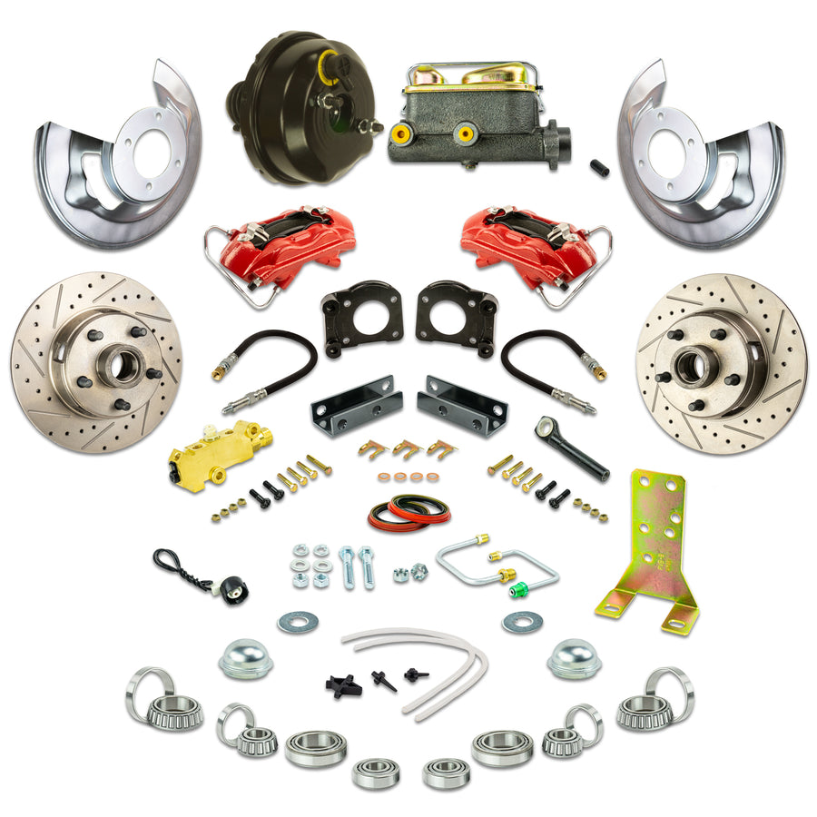 The Right Stuff 1964-66 Ford Power Front Disc Conversion Kit, Drilled and Slotted Rotors, Red Powder Coated Calipers - (ZDC6405Z)