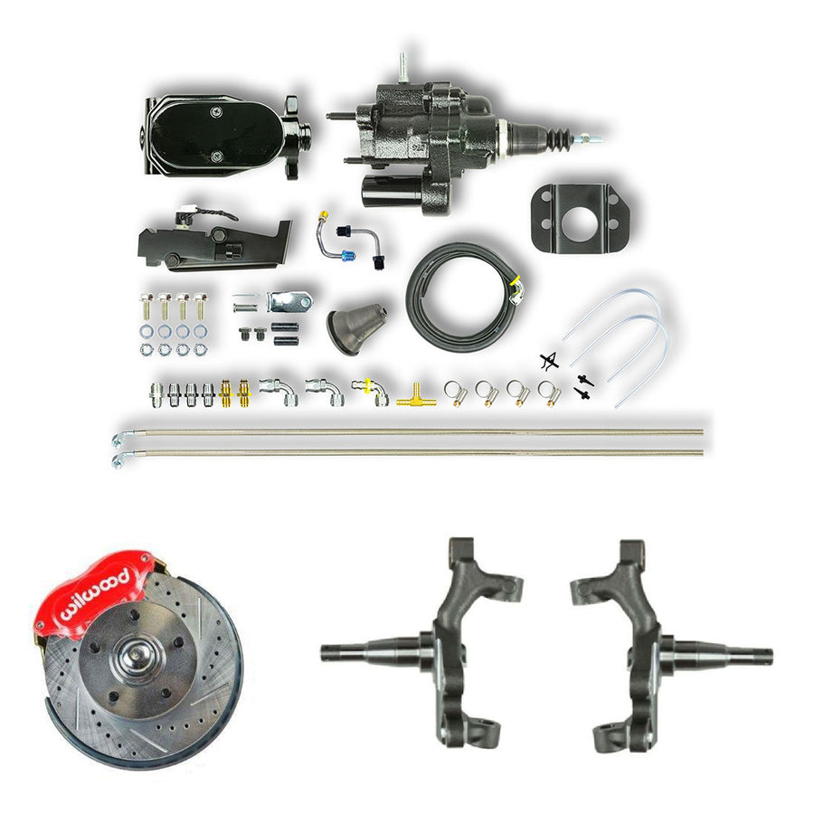 The Right Stuff 64-74 GM A/F/X Body 2" Drop Black Hydraulic Brake Assist Disc Brake Conv Kit Red Calipers - (AFXHB32DZY)