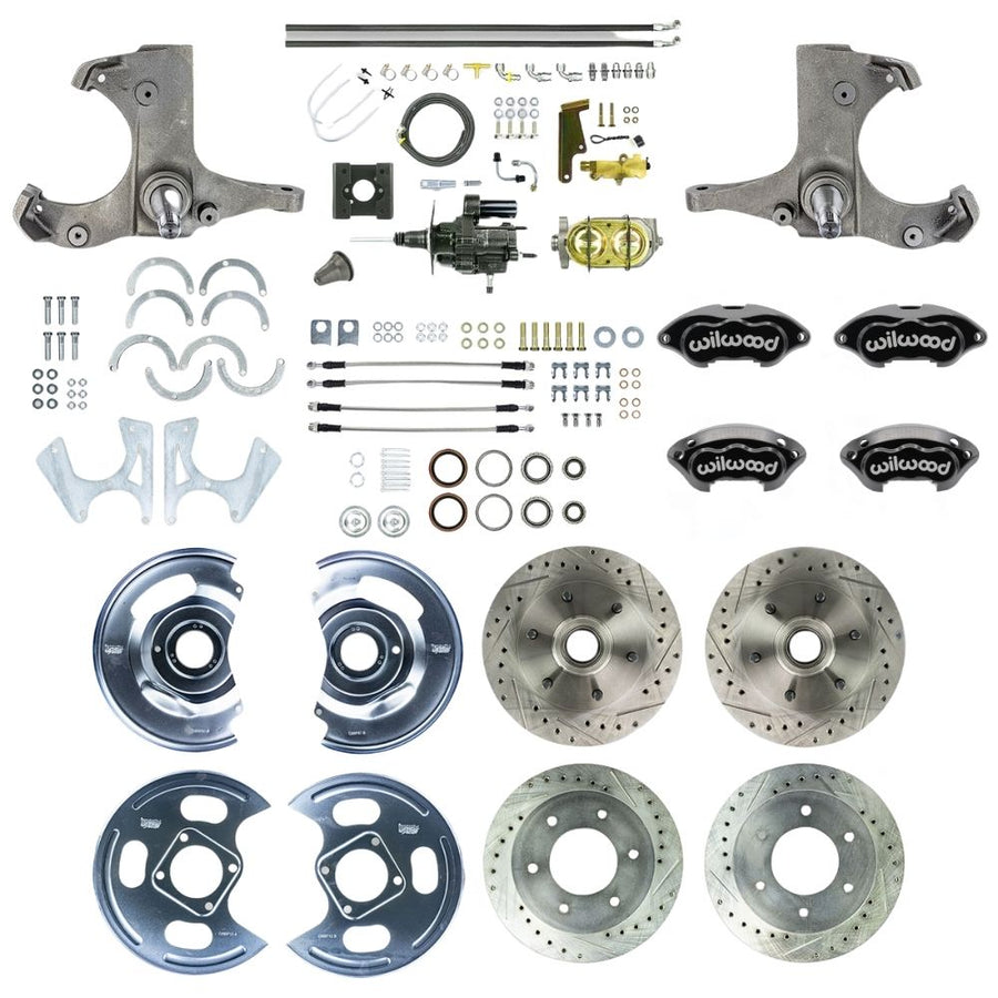 The Right Stuff 1963-66 GM C10/C15 Truck/Suburban 2WD, Hydraulic Brake Assist Performance Series 4-Wheel Disc Brake Kit, Black Wilwood Caliper, Drilled and Slotted Rotors, and Braided Stainless Hoses 6x5.5 - (THB6356BP)