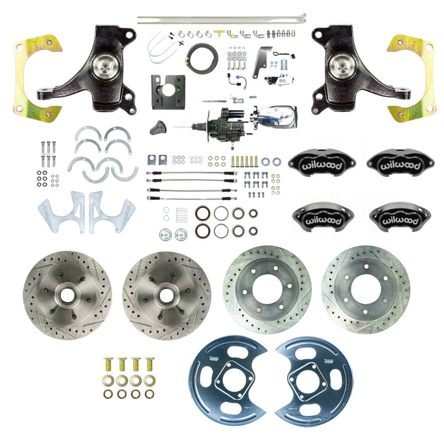 The Right Stuff 1967-70 GM/Chevy C10/15 Truck 2WD, 2" Drop Performance Series Hydraulic Brake Assist 4-Wheel Disc, Black Wilwood Calipers, Drilled and Slotted Rotors, Stainless Hoses, Chrome Upper Assembly - (THB6756DBXP)