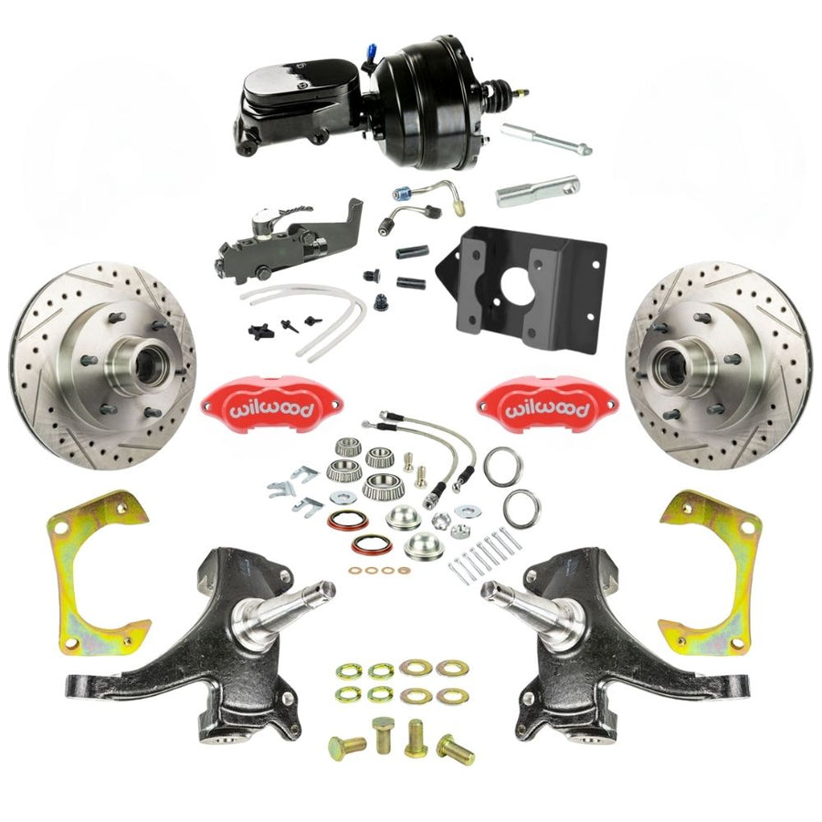 The Right Stuff 1963-66 Chevy/GMC Truck/Suburban, 2" Drop Performance Series Power Front Disc Kit, with Black Wilwood Calipers, Drilled and Slotted Rotors, Braided Stainless Hoses, Black Booster Master Assembly 6x5.5 - (TDC6326DZYP)