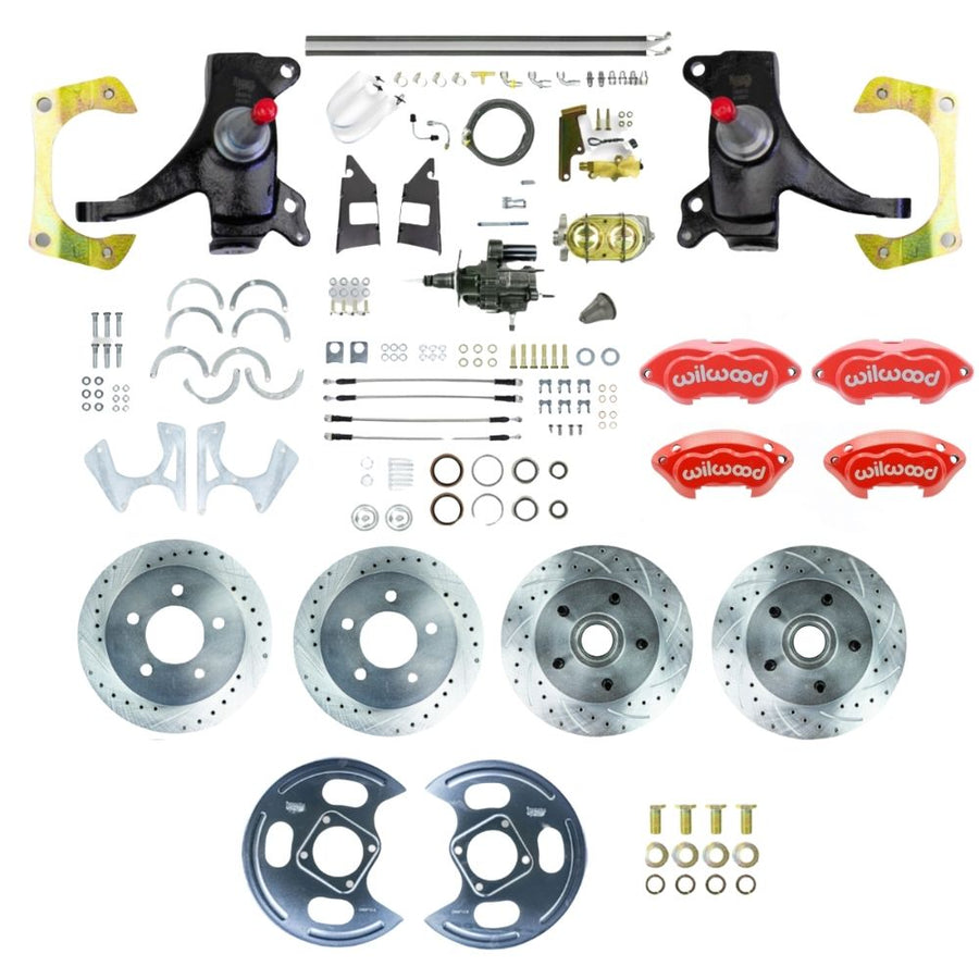 The Right Stuff 1973-87 GM C10/C15 Truck/Suburban 2WD 2" Drop Performance Series Hydraulic Brake Assist 4-Wheel Disc Brake Kit with Red Wilwood Calipers, Drilled and Slotted Rotors, and Braided Stainless Hoses - (THB7355DZP)