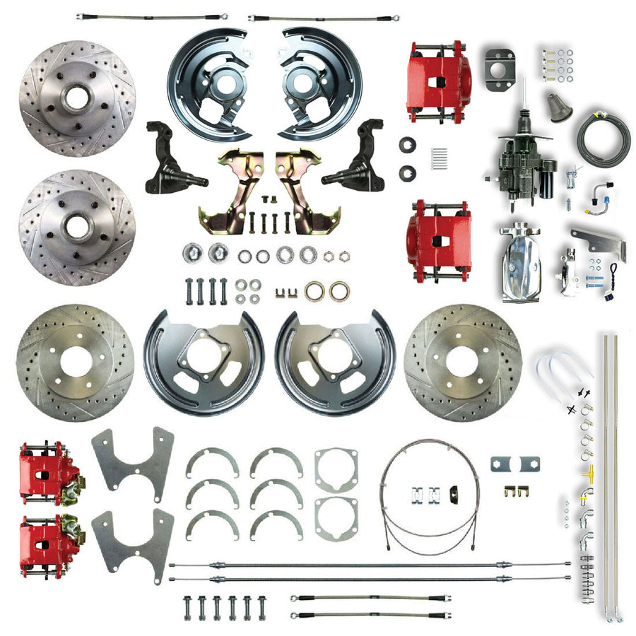 The Right Stuff 67-74 GM A/F/X Staggered 4 Wheel Chrome Hydraulic Brake Assist 2 Drop Disc Conv Red Caliper - (AFXHB45DZX)