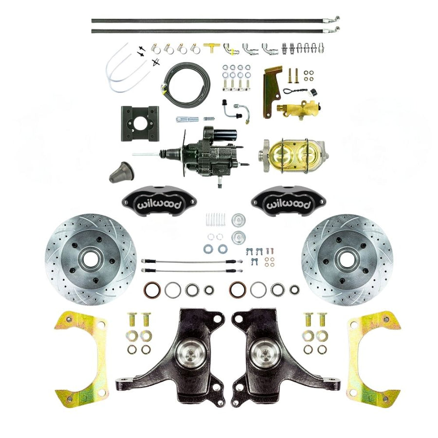 The Right Stuff 1963-66 Chevy/GMC Truck Performance Series, 2" Drop, Hydro Boost Disc Brake Conversion, Black Wilwood Calipers, Drilled and Slotted Rotors, and Braided Stainless Hoses - (THB6325DBP)