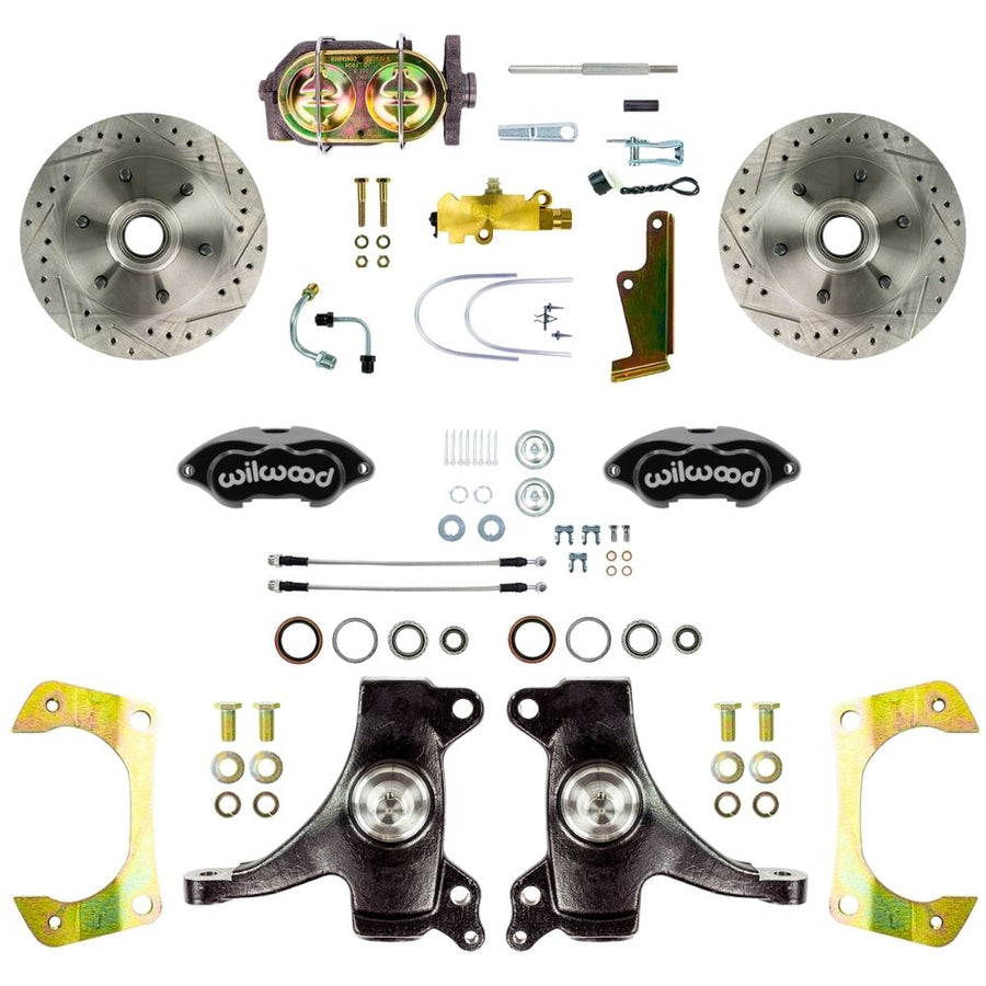 The Right Stuff 1960-62 Chevy/GMC Truck/Suburban Performance Series 2" Drop, Standard Front Disc Brake Conversion Kit, Black Wilwood Calipers, Drilled and Slotted Rotors, and Braided Stainless Hoses - (TSD6016DBP)