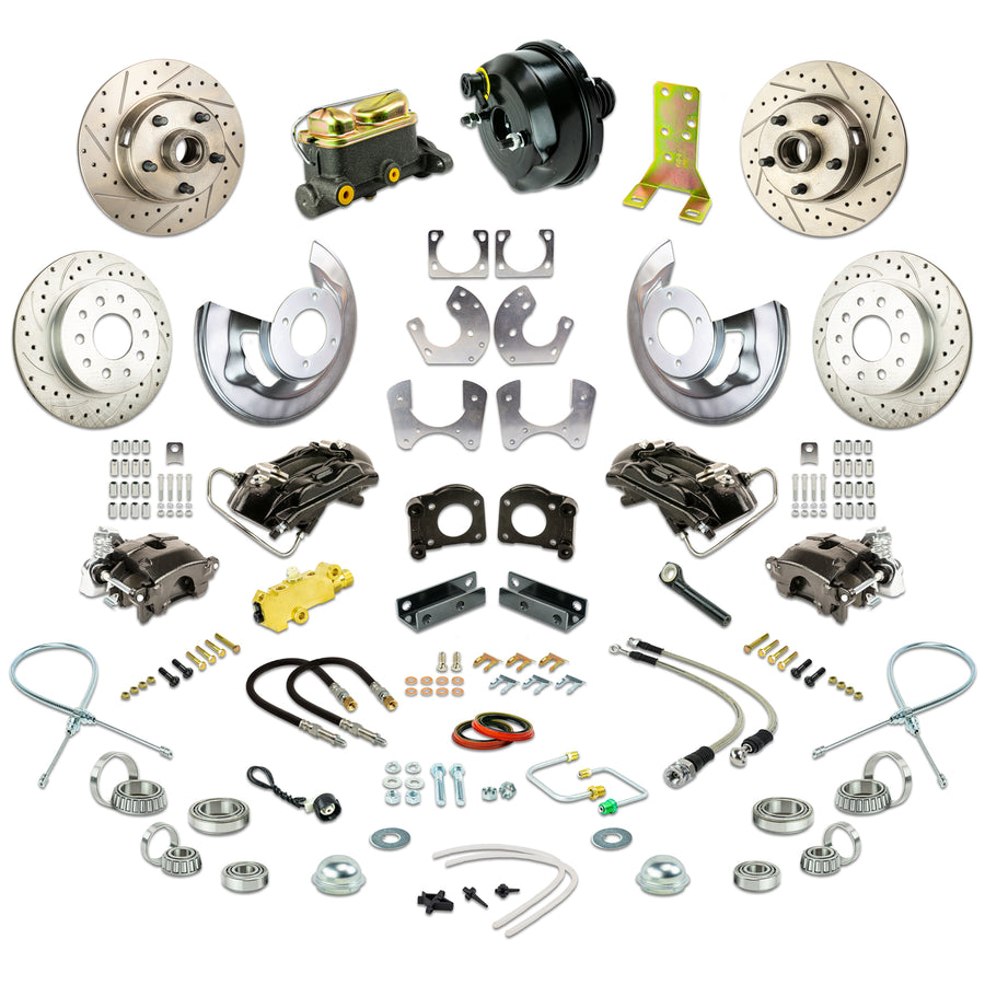 The Right Stuff 1964-66 Ford Power 4 Wheel Disc Conv. Large Ford 9" Rear End, Drilled/Slotted Rotors, Black Powder Coated Calipers - (ZDC6445S)