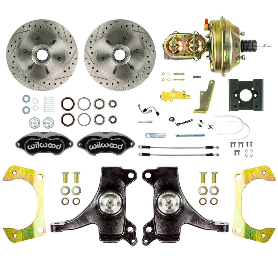 The Right Stuff 1963-66 Chevy Truck Performance Series, 2" Drop, Power Disc Brake Conversion, Black Wilwood Calipers, Drilled and Slotted Rotors, and Braided Stainless Hoses - (TDC6326DBP)