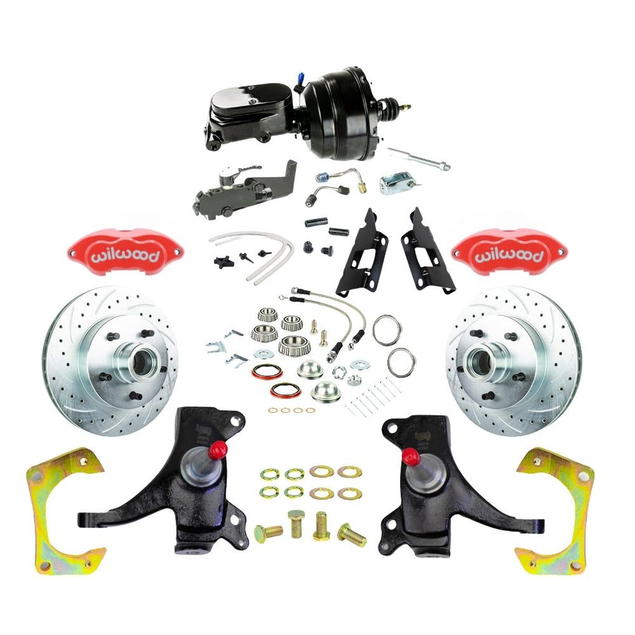 The Right Stuff 1973-87 GM C10/C15 Truck/Suburban, 2WD, 2" Drop Performance Series Power Front Disc Brake Kit, with Red Wilwood Calipers, Drilled and Slotted Rotors, Stainless Hoses, and Black Booster Master Assembly - (TDC7325DZYP)