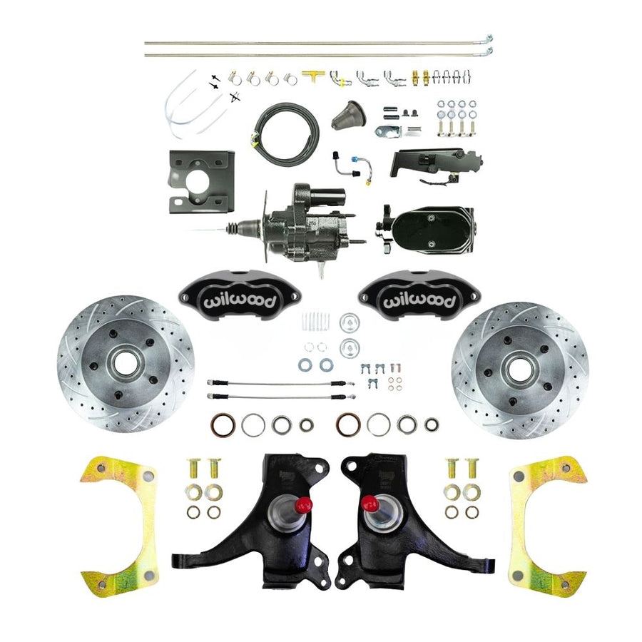 The Right Stuff 1971-72 GM C10/C15 Truck/Suburban, 2" Drop Performance Series Black Hydraulic Brake Assist Disc Brake Kit with Black Wilwood Calipers, Drilled and Slotted Rotors, Stainless Hoses, Black Upper Assembly - (THB7125DBYP)