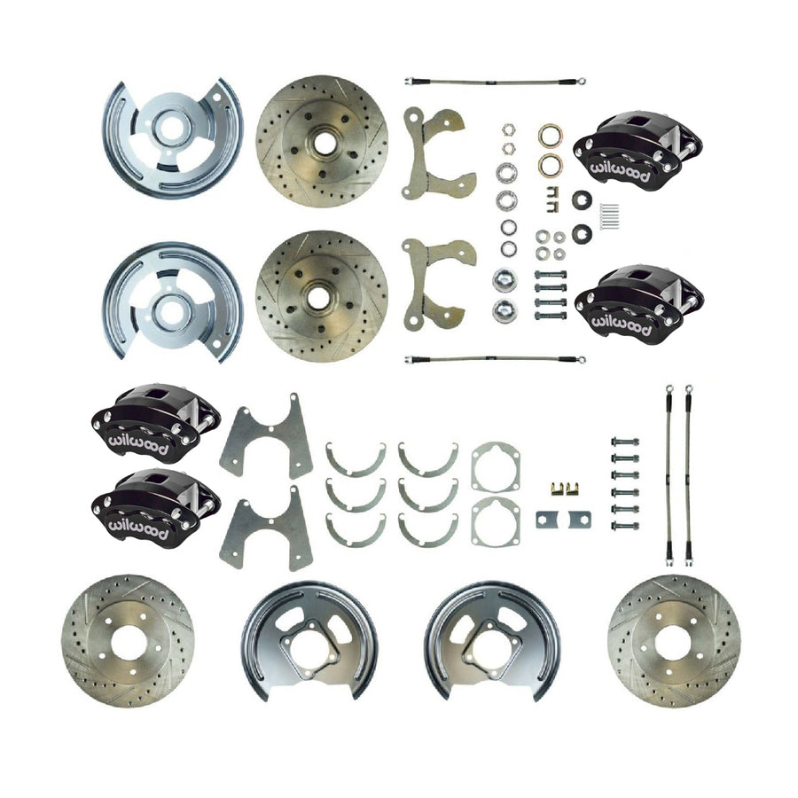 The Right Stuff 1955-58 Chevrolet Bel Air/Impala, Performance Series 4-Wheel At-The-Wheel Disc Brake Conversion Kit with Black Wilwood Calipers, Drilled and Slotted Rotors, and Braided Stainless Hoses - (FSC564WKCS)
