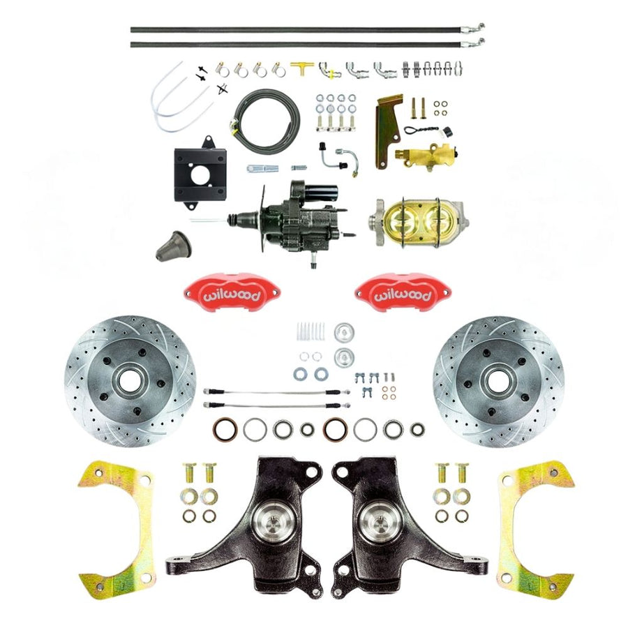 The Right Stuff 1960-62 Chevy/GMC Truck & Suburban Hydraulic Brake Assist Performance Series 2" Drop, Power Disc Brake Conversion, Red Wilwood Calipers Drilled and Slotted Rotors, and Braided Stainless Hoses - (THB6015DZP)