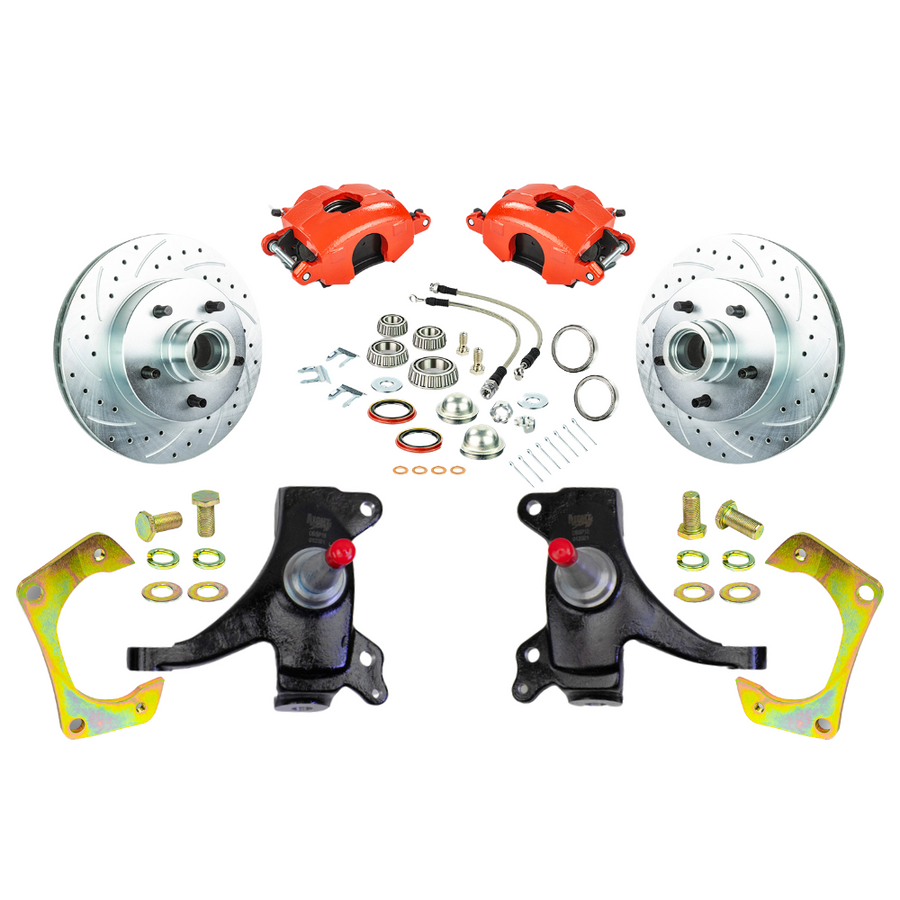 The Right Stuff 1973-87 GM Truck/Suburban, 2WD, 2" Drop At The Wheel Disc Brake Kit Red Calipers - (TWK7325DZ)