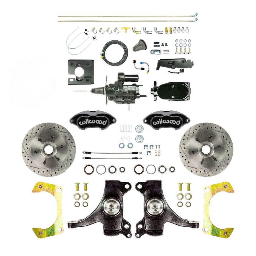 The Right Stuff 1967-70 GM C10/C15 Truck/Suburban with 2" Drop Performance Series Hydraulic Brake Assist Front Brake Kit, Black Wilwood Calipers, Drilled and Slotted Rotors, Stainless Hoses, and Black Upper Assembly - (THB6726DBYP)
