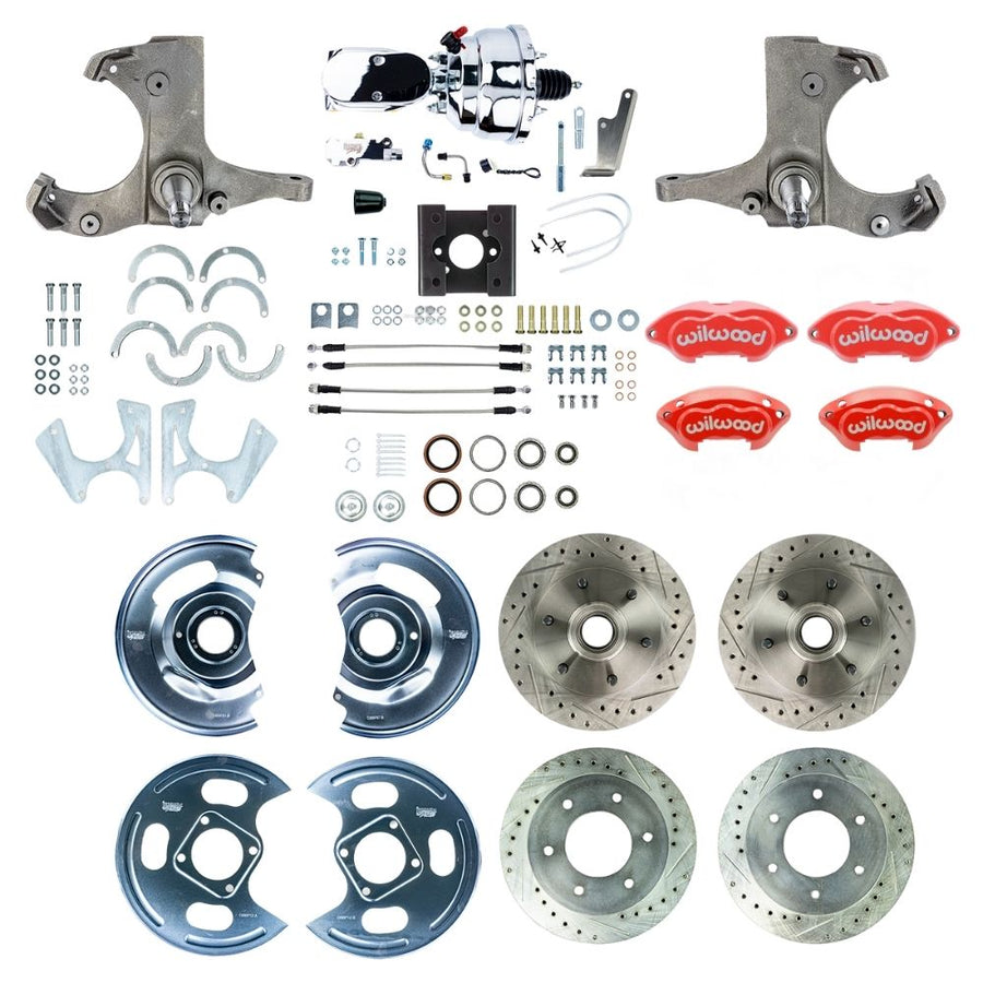 The Right Stuff 1963-66 GM/Chevy C10/C15 Truck/Sub 2WD, Performance Series Power 4-Wheel Disc Kit, Red Wilwood Calipers, Drilled and Slotted Rotors, Braided Stainless Hoses, and Chrome Booster Master Assembly 6x5.5 - (TDC6356ZXP)