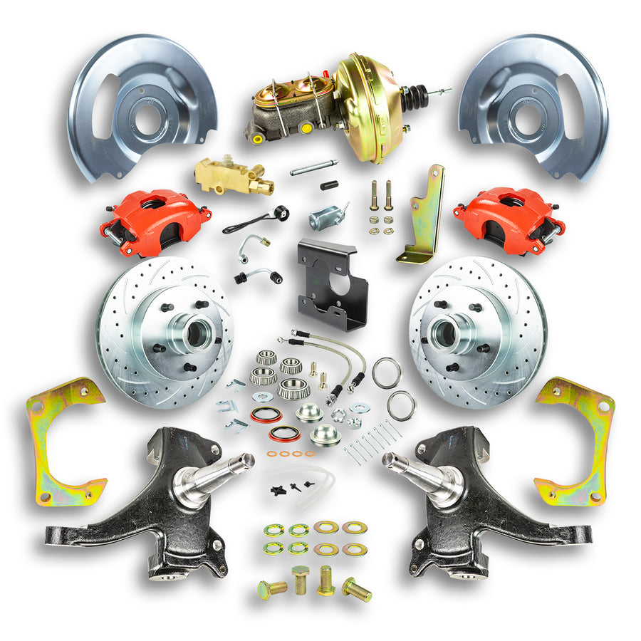 The Right Stuff 67-70 Chevy C10/C15 Truck/Suburban 2" Drop, Power Front Disc Kit, Red Calipers 5x5 Bolt Pattern - (TDC6725DZ)