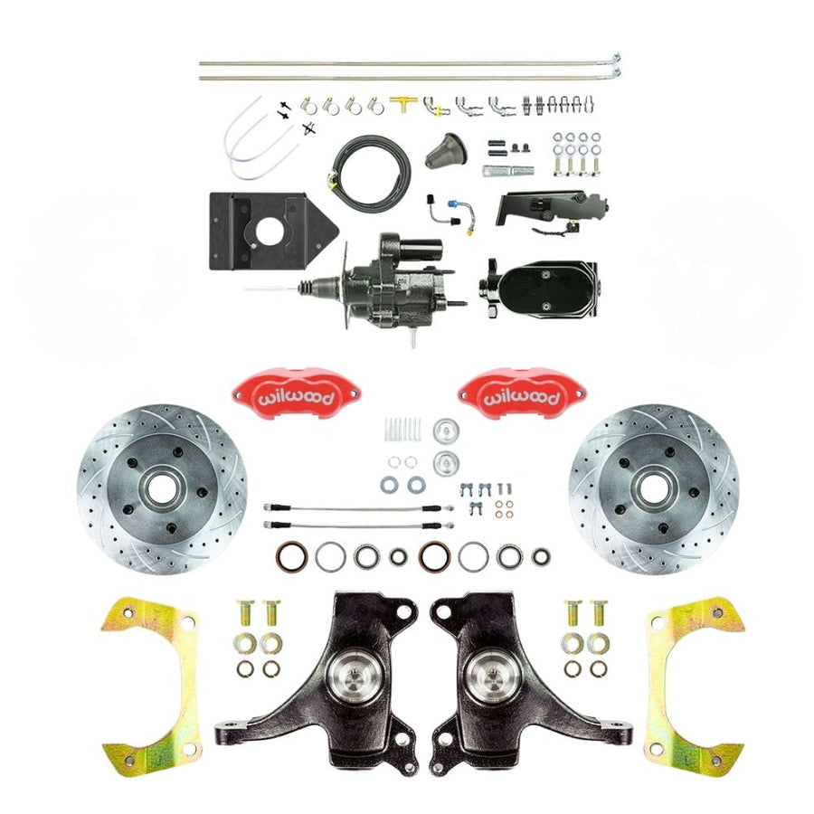 The Right Stuff 1960-62 Chevy/GMC Truck/Sub 2" Drop, Performance Series Hydraulic Brake Assist Front Disc Kit Red Wilwood Calipers, Drilled and Slotted Rotors, Braided Stainless Hoses, Black Upper Assembly - (THB6015DZYP)